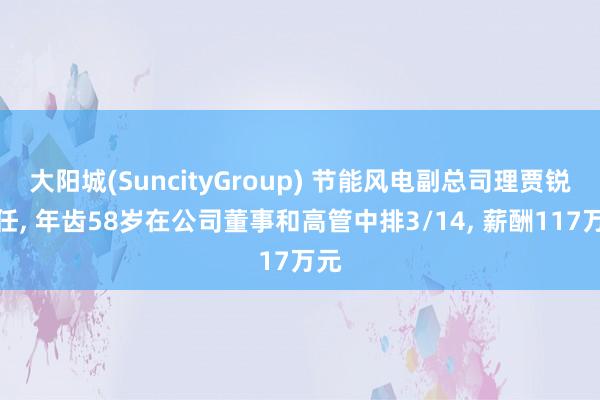 大阳城(SuncityGroup) 节能风电副总司理贾锐离任， 年齿58岁在公司董事和高管中排3/14， 薪酬117万元