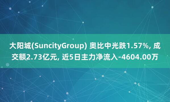 大阳城(SuncityGroup) 奥比中光跌1.57%， 成交额2.73亿元， 近5日主力净流入-4604.00万